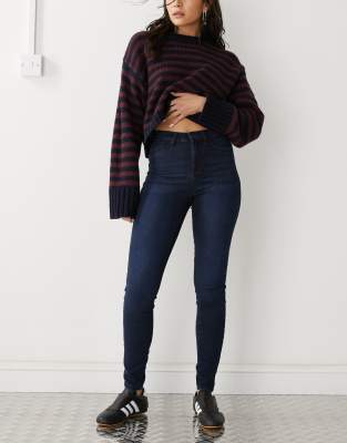 Shop Noisy May Callie High Rise Skinny Jeans In Dark Blue