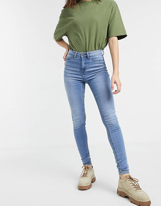 Noisy May Callie high waist skinny jeans in light blue wash