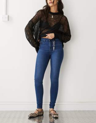 NOISY MAY CALLIE HIGH WAIST SKINNY JEANS IN MID BLUE WASH