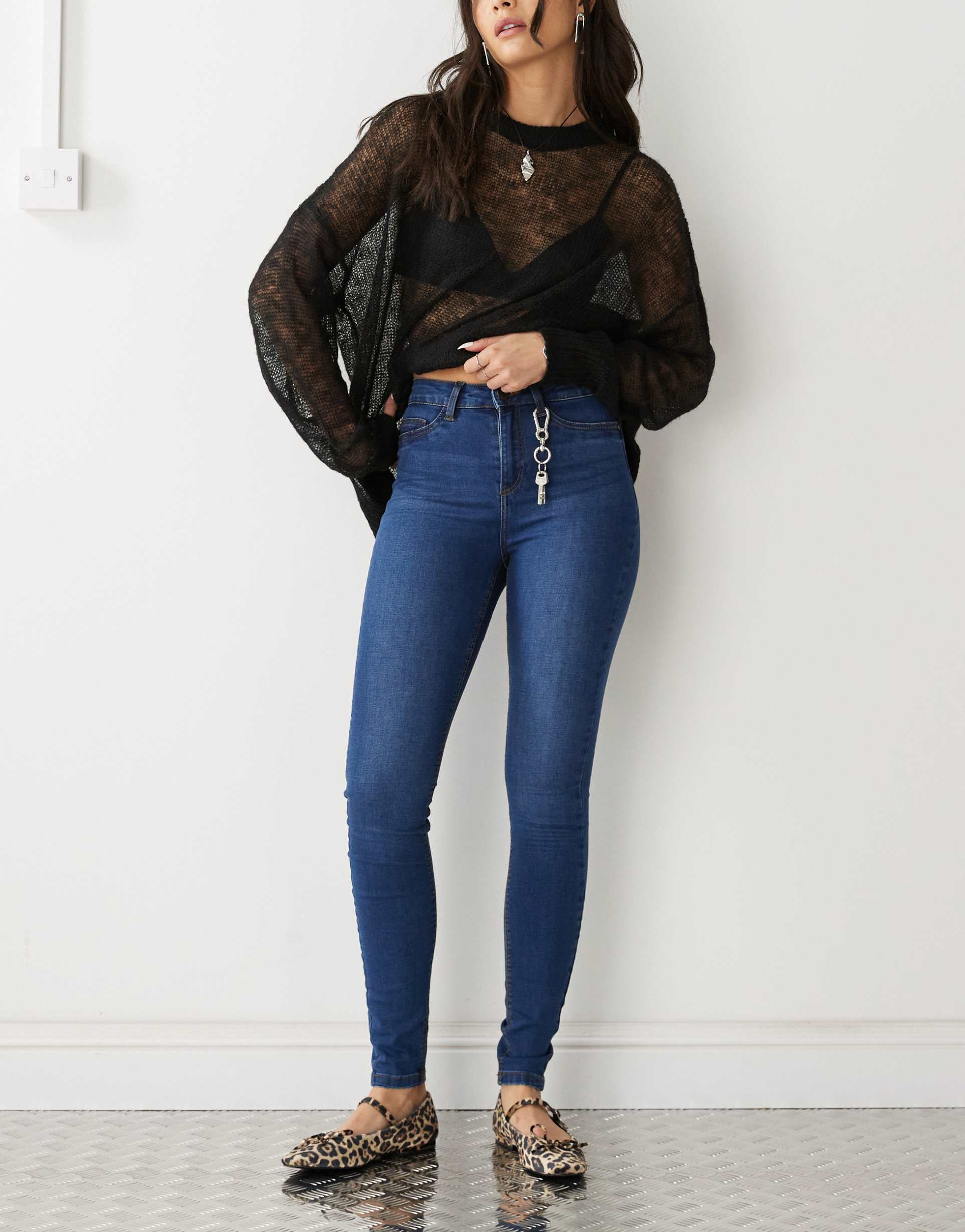 noisy may callie high waist skinny jeans in mid blue wash