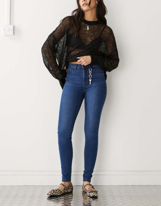 Noisy May Callie high waist skinny jeans in mid blue wash