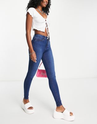 Noisy May Gaga Mid Waist Skinny Jeans In Mid Blue Denim