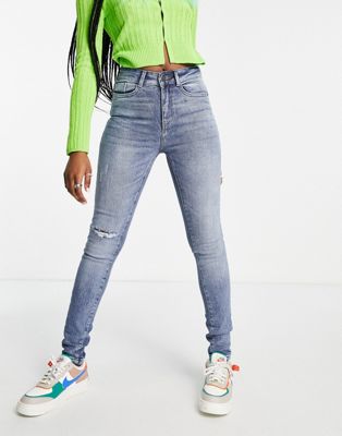Noisy May Callie high waisted rip skinny jeans in light blue - ASOS Price Checker