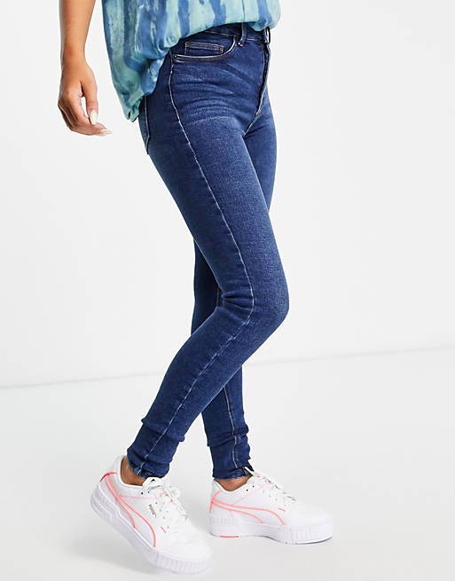 Women Noisy May Callie high waisted skinny jeans in mid blue wash 