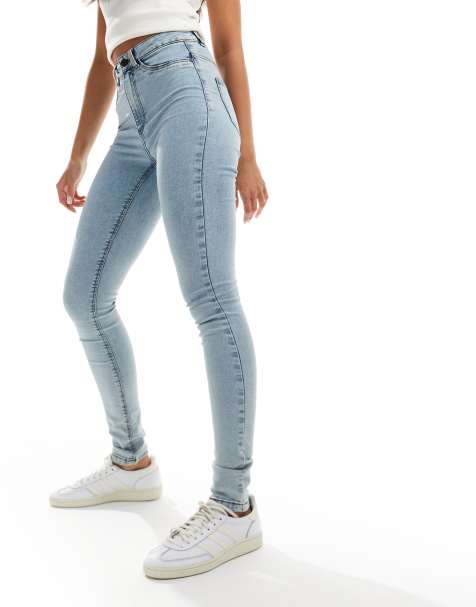 Noisy May Callie high waist skinny jeans in light blue acid wash