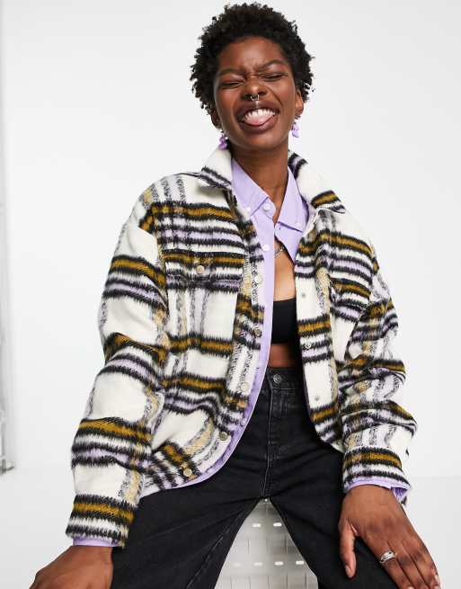 Noisy May - Camicia giacca in tessuto spazzolato oversize a quadri color crema