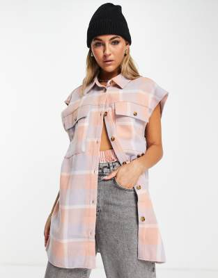 Noisy May longline sleeveless shacket in pink check - ASOS Price Checker
