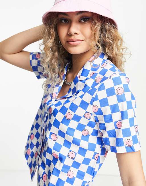 Noisy May - Camicia squadrata con stampa a quadri e smile in coordinato