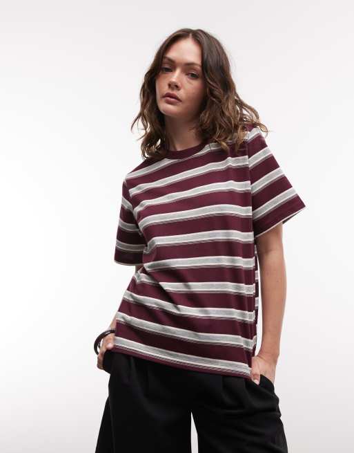 Noisy May - Camiseta a rayas burdeos y color crema de corte cuadrado extragrande