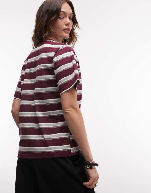 Noisy May - Camiseta a rayas burdeos y color crema de corte cuadrado extragrande, 4 de 4