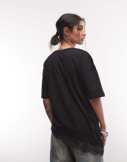 Noisy May - camiseta negra con bajo asimétrico de encaje, 4 de 4