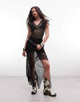 Noisy May Noisy May cap sleeve maxi dress with asymmetric hem in black lace