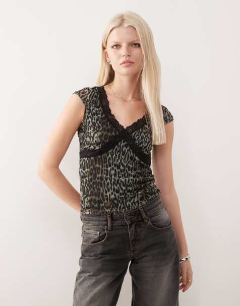 Noisy May cap sleeve mesh top with lace edge in leopard - view 1