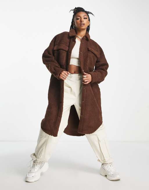 Noisy May - Cappotto effetto peluche taglio lungo marrone