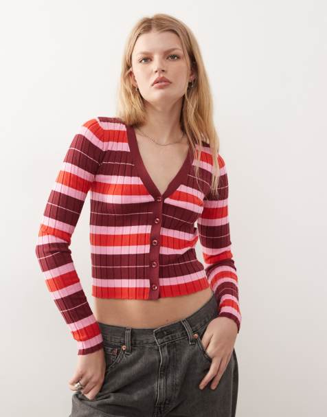 Noisy May - Cardigan in maglia a coste a righe rosa e rosse - view 1