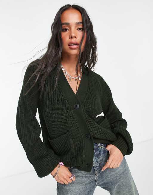Noisy May - Cardigan in maglia pesante verde scuro