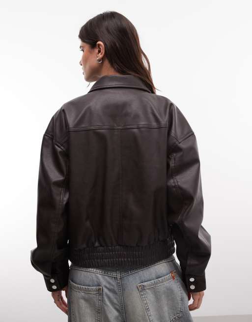 Noisy May - cazadora bomber de piel sintética en marrón chocolate, 2 de 4