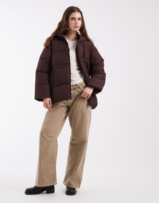 Noisy May chaqueta acolchada con capucha y cintura ajustable en chocolate, 4 de 4
