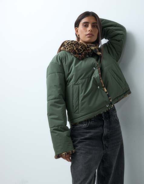 Noisy May chaqueta reversible con cuello extragrande en caqui y estampado de leopardo - view 1