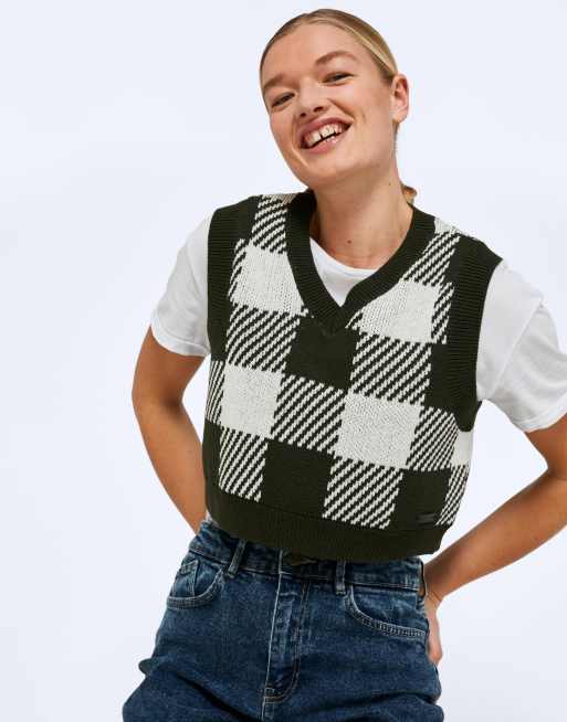 Noisy May check knitted vest in khaki & cream, 2 of 4