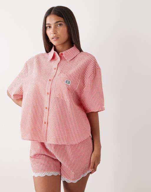 Noisy May - Ensemble short et chemise en crépon à carreaux vichy - Rouge, 2 de 3