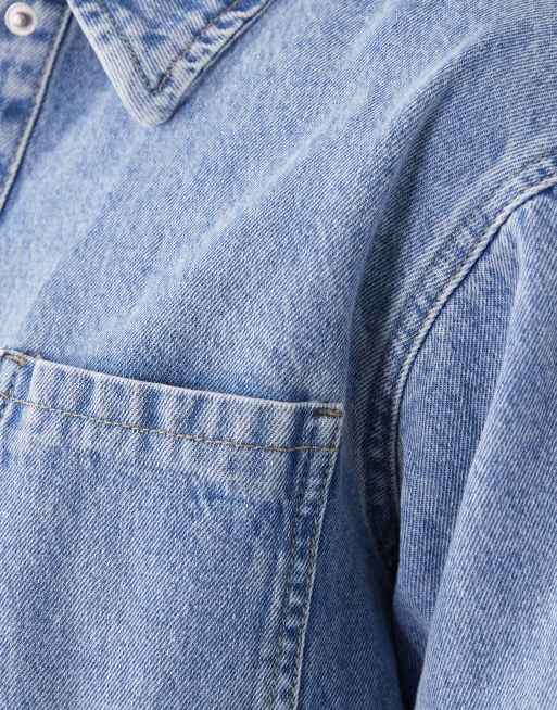Noisy May - Chemise en jean coupe carrée à ourlet brut - Bleu clair délavé, 4 de 4