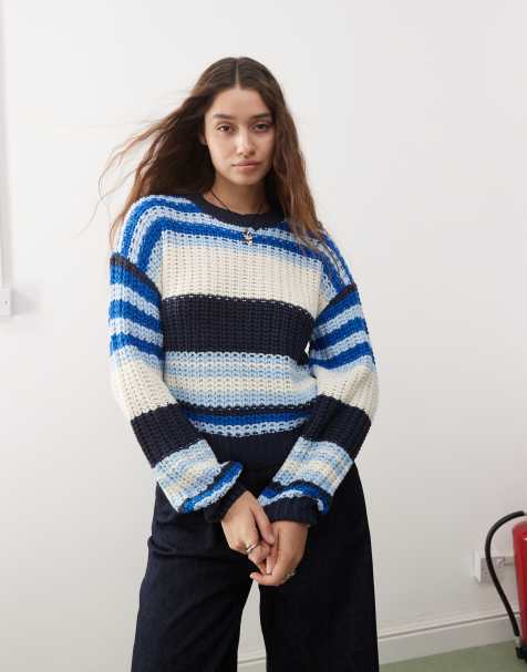 Noisy May chunky open knit jumper in cream & blue stripe - view 1