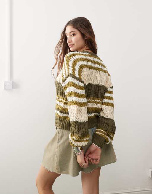 Noisy May chunky open knit jumper in cream & green stripe, 3 of 4