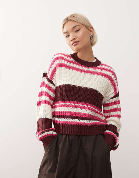 Noisy May chunky open knit jumper in white & pink stripe - view 1