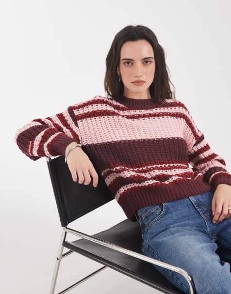 Noisy May chunky open knit jumper pink and plum stripe - view 1