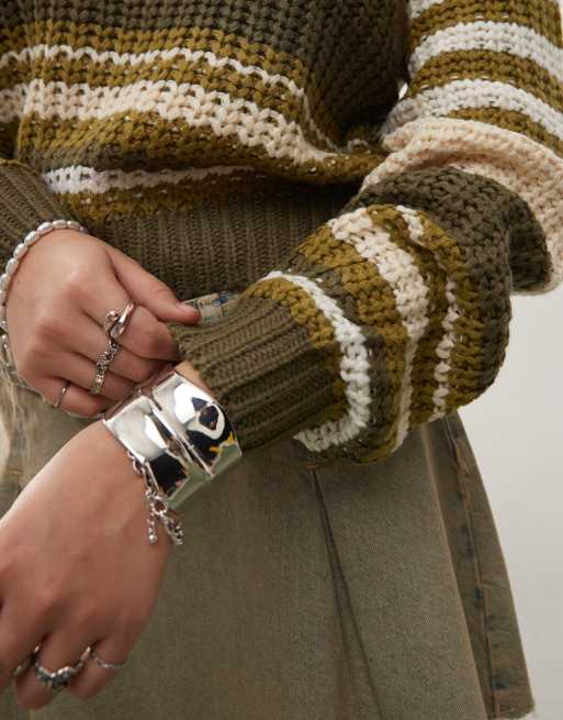 Noisy May chunky open knit sweater in cream & green stripe, 2 of 4