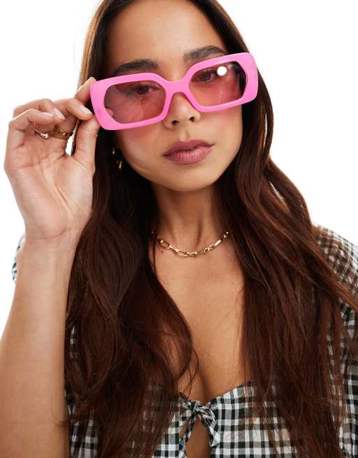 Noisy May chunky retro frame sunglasses in pink