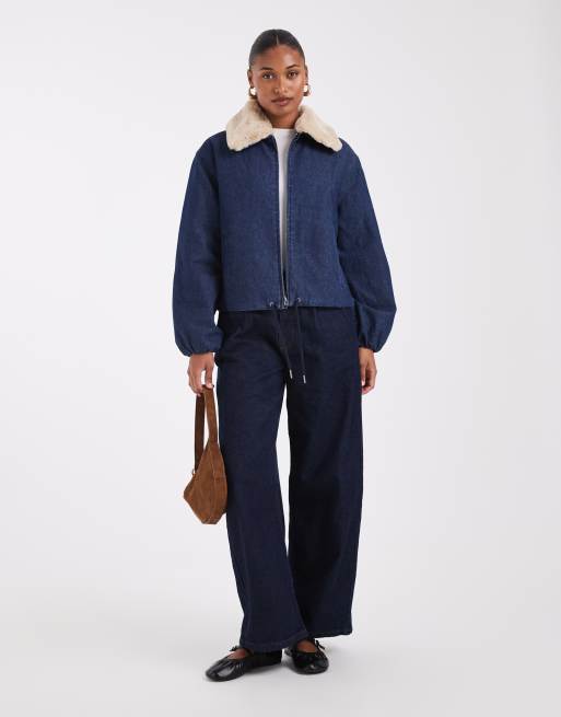 Noisy May cinch hem bomber with faux fur collar in dark blue denim, 2 of 4