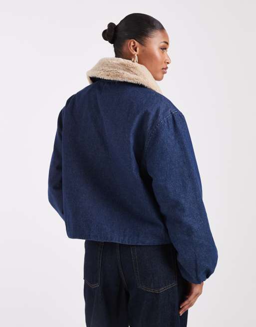 Noisy May cinch hem bomber with faux fur collar in dark blue denim, 4 of 4