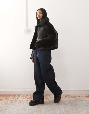 Noisy May Collar Detail Quilted Short Coat With Teddy Insert In Blue