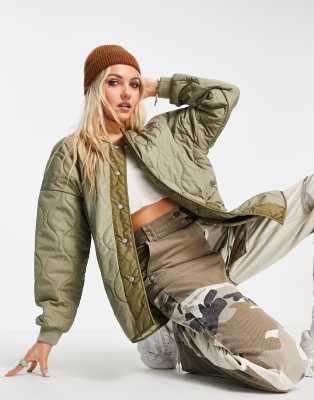 Noisy May collarless onion quilted jacket in khaki - ASOS Price Checker