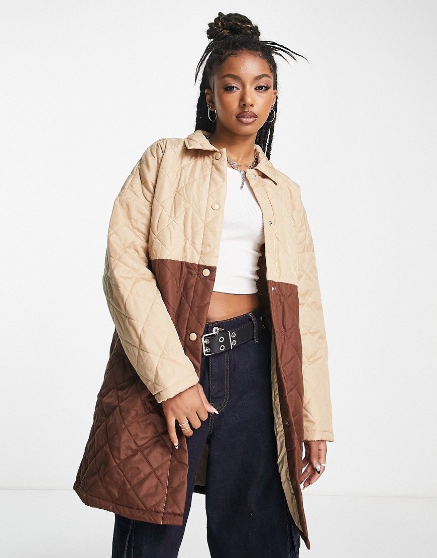 Noisy May color block quilted coat in beige & brown-Neutral