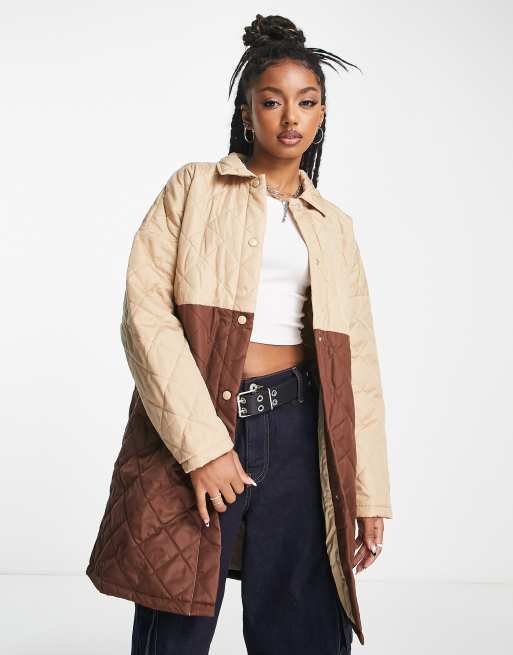 Noisy May color block quilted coat in beige & brown
