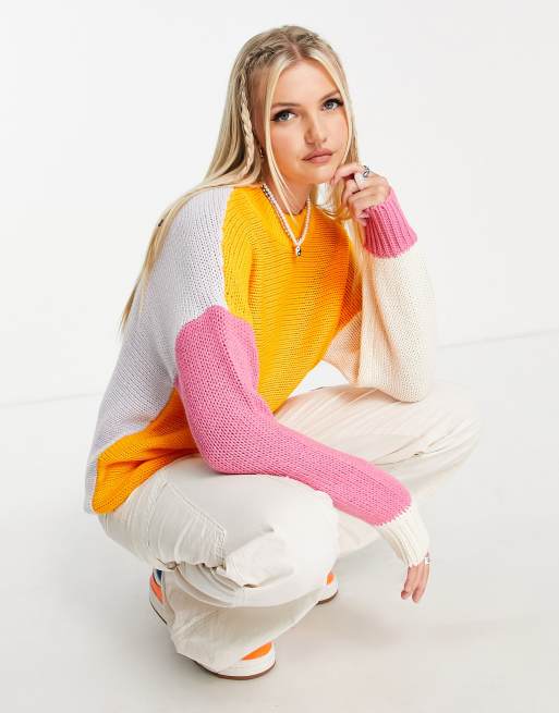 Noisy May color block sweater in orange & pink