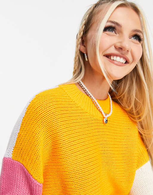 Noisy May color block sweater in orange & pink