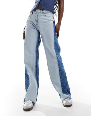 Noisy May Color Block Wide Leg Jeans In Mid Wash-blue