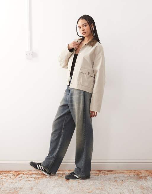 Noisy May contrast collar lightweight barn jacket in stone, 2 of 4