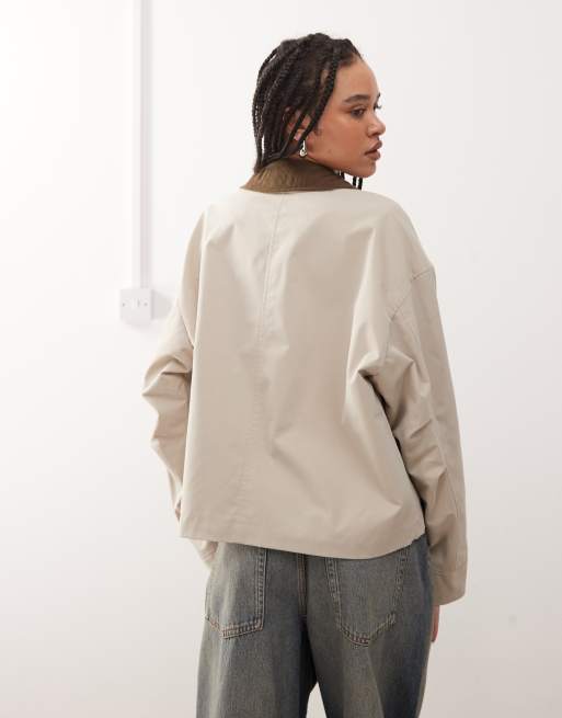 Noisy May contrast collar lightweight barn jacket in stone, 4 of 4