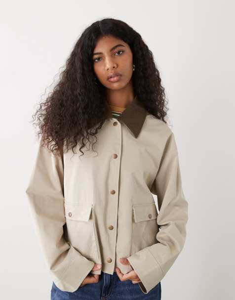 Noisy May contrast collar lightweight barn jacket in stone - view 1