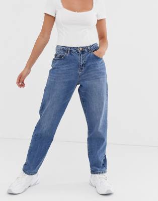 Noisy May Contrast Stitch Mom Jeans In Mid Blue Wash
