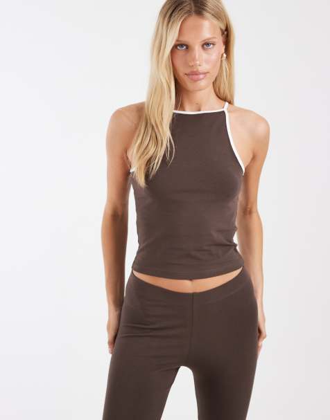 Noisy May contrast trim cami top co-ord in chocolate brown - view 1