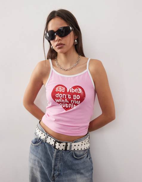 Noisy May contrast trim cami top with bad vibes print in pink - view 1
