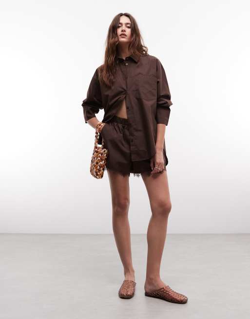 Noisy May - Coordinato color cioccolato con camicia oversize e pantaloncini con fondo in pizzo