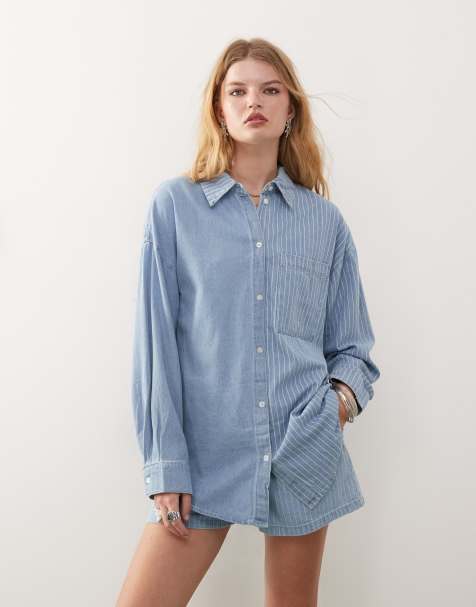 Noisy May - Coordinato in denim blu chiaro a righe con camicia e pantaloncini - view 1