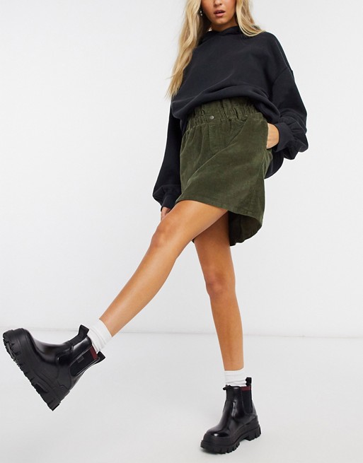 Noisy May cord mini skirt with paperbag waist in khaki